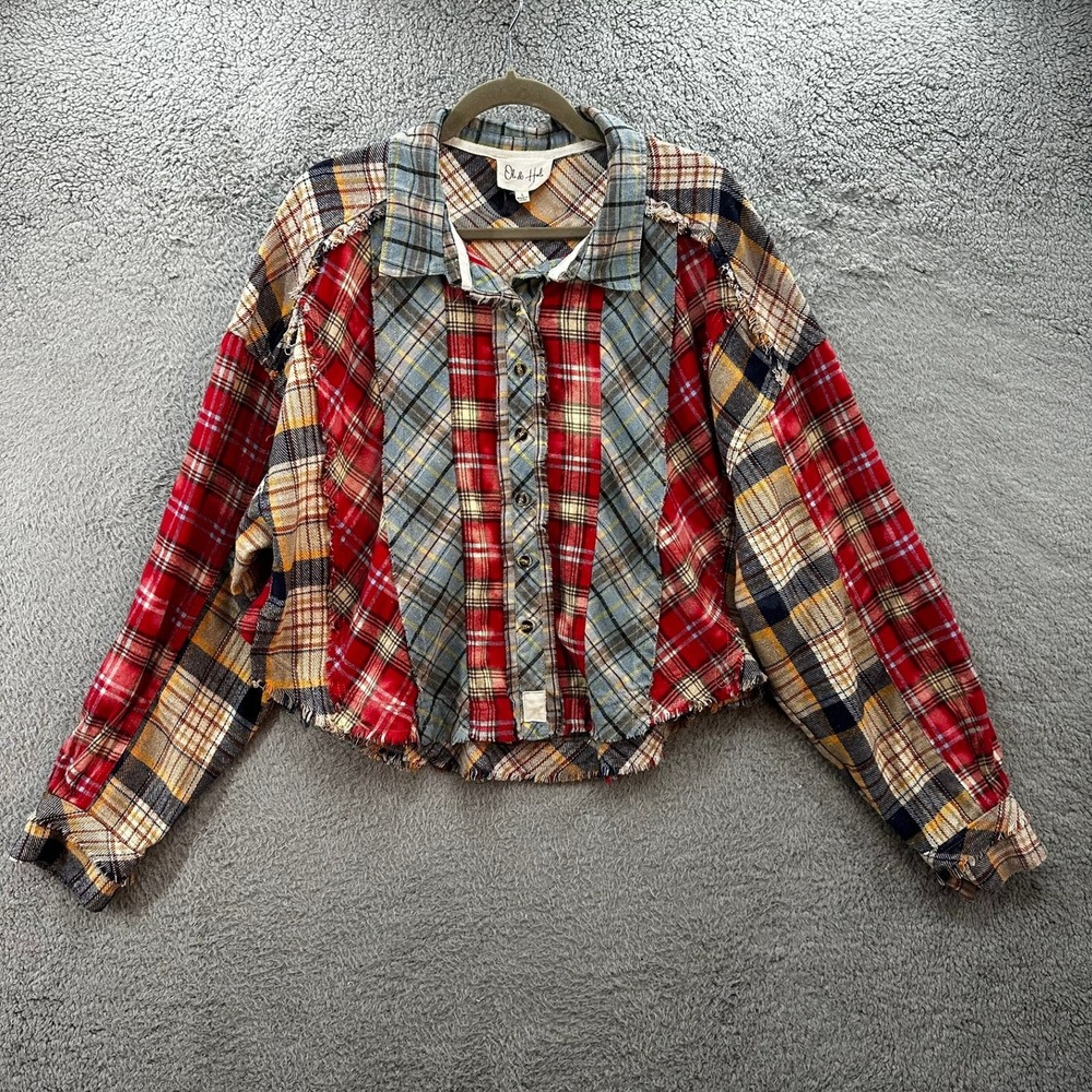 Oli & Hali Women's Large Patchwork Plaid Flannel Shirt Cropped Frayed Hem Cozy